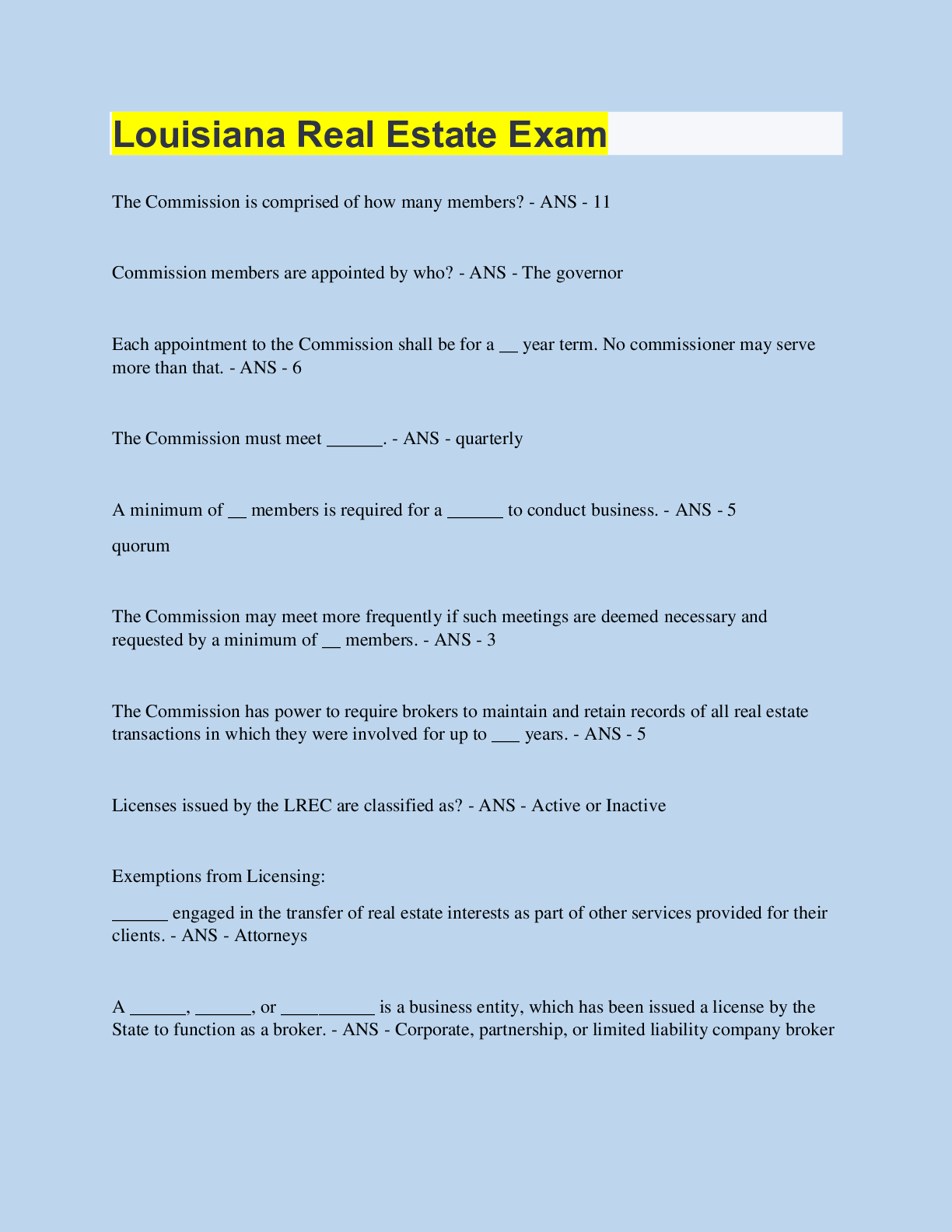 Louisiana Real Estate Exam 100 Questions with 100 Correct Answers